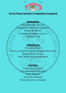 Carta menu del buffet Plaza Gardens Disneyland París traducida al español